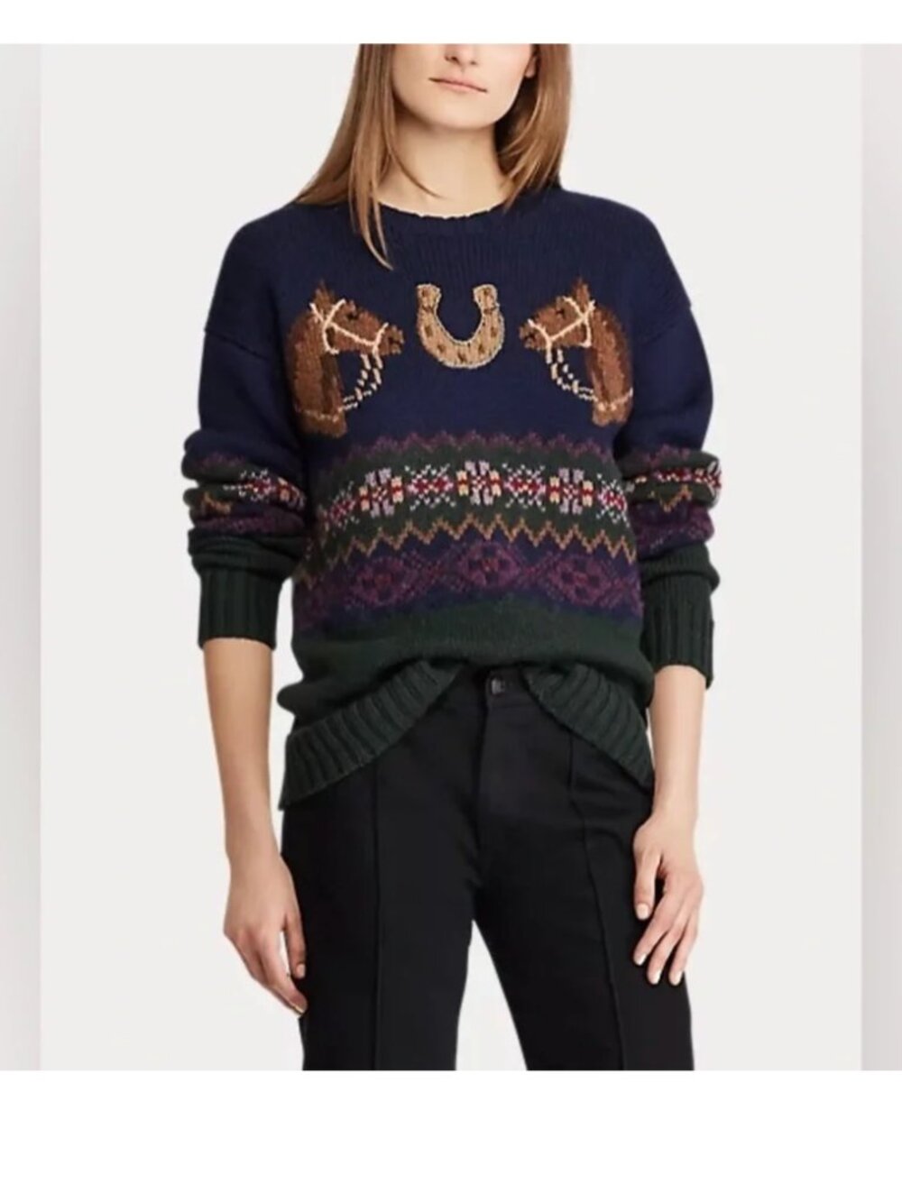 Polo Ralph Lauren Equestrian Horseshoe Fair Isle Wool Alpaca Knit Sweater Sz L